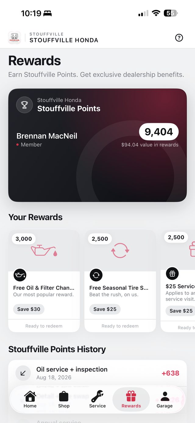 Rewards screen: points balance and redeemable rewards